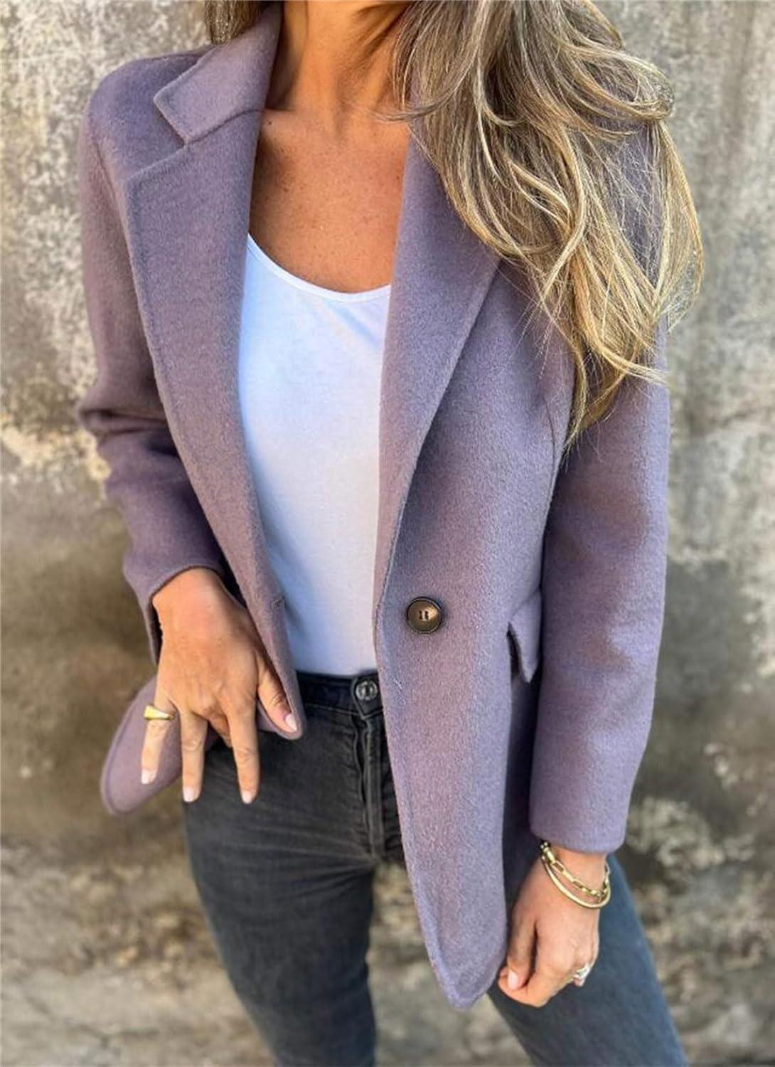 imageCHARTOU Women Solid Color Blazer Wool Blend Causal Business Office Open Front Short Jacket Pea CoatPurple