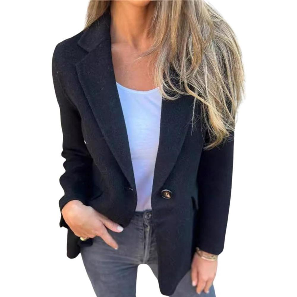 imageCHARTOU Women Solid Color Blazer Wool Blend Causal Business Office Open Front Short Jacket Pea CoatBlack