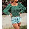 imageCHARTOU Women Cute Puff Sleeve Smocked Cropped Long Sleeve Blouse Shirt Floral Square Neck Crop TopGreen