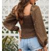 imageCHARTOU Women Cute Puff Sleeve Smocked Cropped Long Sleeve Blouse Shirt Floral Square Neck Crop TopKhaki