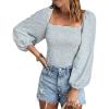 imageCHARTOU Women Cute Puff Sleeve Smocked Cropped Long Sleeve Blouse Shirt Floral Square Neck Crop TopLight Blue