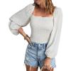 imageCHARTOU Women Cute Puff Sleeve Smocked Cropped Long Sleeve Blouse Shirt Floral Square Neck Crop TopWhite