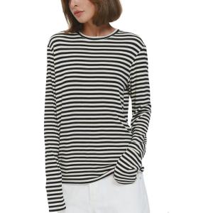 imageCHARTOU Women Basic Long Sleeve Fall Tops Casual Stripes Slim Fit Tee T ShirtBlack