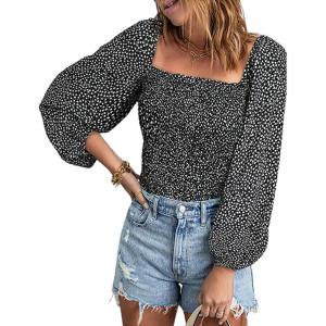 imageCHARTOU Women Cute Puff Sleeve Smocked Cropped Long Sleeve Blouse Shirt Floral Square Neck Crop TopBlack