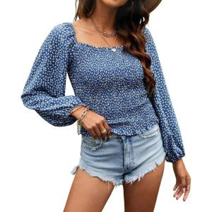 imageCHARTOU Women Cute Puff Sleeve Smocked Cropped Long Sleeve Blouse Shirt Floral Square Neck Crop TopDark Blue