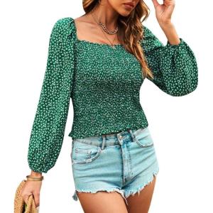 imageCHARTOU Women Cute Puff Sleeve Smocked Cropped Long Sleeve Blouse Shirt Floral Square Neck Crop TopGreen