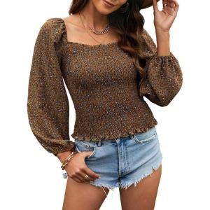 imageCHARTOU Women Cute Puff Sleeve Smocked Cropped Long Sleeve Blouse Shirt Floral Square Neck Crop TopKhaki