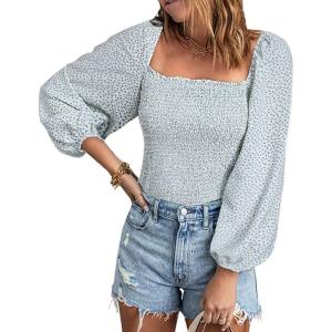 imageCHARTOU Women Cute Puff Sleeve Smocked Cropped Long Sleeve Blouse Shirt Floral Square Neck Crop TopLight Blue