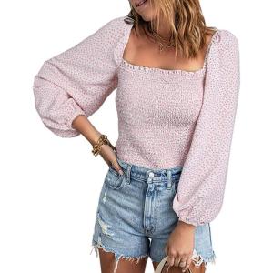 imageCHARTOU Women Cute Puff Sleeve Smocked Cropped Long Sleeve Blouse Shirt Floral Square Neck Crop TopPink