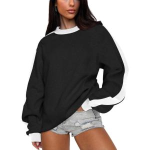imageCHARTOU Women Oversized Color Block Pullover Sweatshirt 2025 Fall Outfits Lightweight Crewneck Sweatshirt TopsBlack