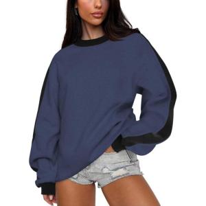 imageCHARTOU Women Oversized Color Block Pullover Sweatshirt 2025 Fall Outfits Lightweight Crewneck Sweatshirt TopsBlue