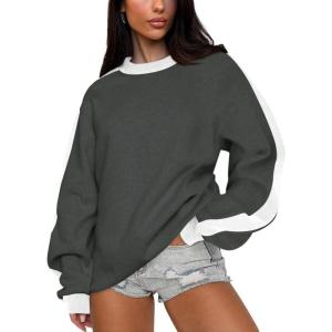 imageCHARTOU Women Oversized Color Block Pullover Sweatshirt 2025 Fall Outfits Lightweight Crewneck Sweatshirt TopsDark Grey