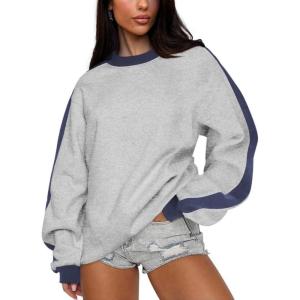 imageCHARTOU Women Oversized Color Block Pullover Sweatshirt 2025 Fall Outfits Lightweight Crewneck Sweatshirt TopsGrey