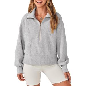 imageCHARTOU Women Oversized Half Zipper Pullover Sweatshirt Fall 2025 Outfits Lapel V Neck Long Sleeve TopGrey