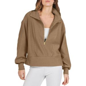 imageCHARTOU Women Oversized Half Zipper Pullover Sweatshirt Fall 2025 Outfits Lapel V Neck Long Sleeve TopKhaki