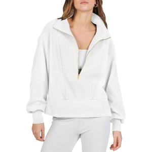 imageCHARTOU Women Oversized Half Zipper Pullover Sweatshirt Fall 2025 Outfits Lapel V Neck Long Sleeve TopWhite