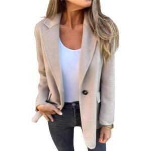 imageCHARTOU Women Solid Color Blazer Wool Blend Causal Business Office Open Front Short Jacket Pea CoatApricot