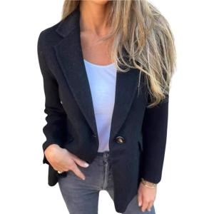 imageCHARTOU Women Solid Color Blazer Wool Blend Causal Business Office Open Front Short Jacket Pea CoatBlack