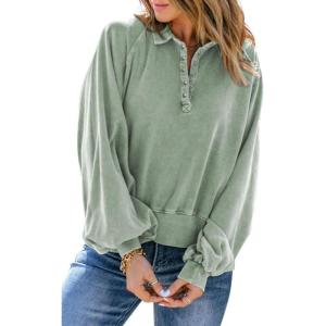 imageCHARTOU Womens Oversized Sweatshirt Quarter Button Fashion Sweatshirt PulloverGreen