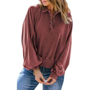 imageCHARTOU Womens Oversized Sweatshirt Quarter Button Fashion Sweatshirt PulloverWine Red