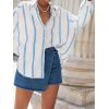 imageCHARTOU Women Button Down Shirt Stripe Oversized Lantern Long Sleeve Gauze Vacation TopsBlue