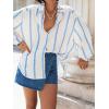 imageCHARTOU Women Button Down Shirt Stripe Oversized Lantern Long Sleeve Gauze Vacation TopsBlue