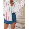 imageCHARTOU Women Button Down Shirt Stripe Oversized Lantern Long Sleeve Gauze Vacation TopsPink