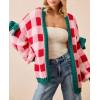 imageCHARTOU Women Checkered Chunky Knit Cardigan Sweater Oversized Balloon Long Sleeve Open Front Outwear CoatPink