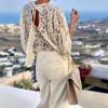 imageCHARTOU Women Dressy Causal Lace Blouse Tie Back Long Sleeve Sheer Shirt TopsWhite