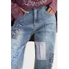 imageCHARTOU Women Floral Patchwork Denim Straight Pants High Waist Raw Hem Wide Leg Pants Flared JeansBlue