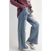 imageCHARTOU Women Floral Patchwork Denim Straight Pants High Waist Raw Hem Wide Leg Pants Flared JeansBlue