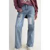 imageCHARTOU Women Floral Patchwork Denim Straight Pants High Waist Raw Hem Wide Leg Pants Flared JeansBlue