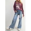 imageCHARTOU Women Floral Patchwork Denim Straight Pants High Waist Raw Hem Wide Leg Pants Flared JeansBlue