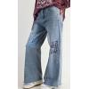 imageCHARTOU Women Floral Patchwork Denim Straight Pants High Waist Raw Hem Wide Leg Pants Flared JeansBlue