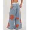 imageCHARTOU Women Floral Print Denim Wide Leg Pants Casual Loose High Waist Flared Baggy Jeans with PocketsLight Blue