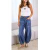 imageCHARTOU Women Summer Denim Wide Leg Pants Shirred Back Drawstring Waist Patchwork Tapered Barrel JeansBlue