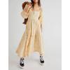 imageCHARTOU Women Summer Flowy Floral Dress Long Puff Sleeve Square Neck Boho Maxi Sundress Swing Smocked DressApricot