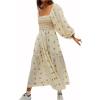 imageCHARTOU Women Summer Flowy Floral Dress Long Puff Sleeve Square Neck Boho Maxi Sundress Swing Smocked DressBeige