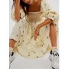 imageCHARTOU Women Summer Flowy Floral Dress Long Puff Sleeve Square Neck Boho Maxi Sundress Swing Smocked DressBeige