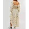 imageCHARTOU Women Summer Flowy Floral Dress Long Puff Sleeve Square Neck Boho Maxi Sundress Swing Smocked DressBeige