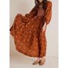 imageCHARTOU Women Summer Flowy Floral Dress Long Puff Sleeve Square Neck Boho Maxi Sundress Swing Smocked DressBrown