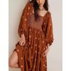 imageCHARTOU Women Summer Flowy Floral Dress Long Puff Sleeve Square Neck Boho Maxi Sundress Swing Smocked DressBrown