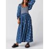 imageCHARTOU Women Summer Flowy Floral Dress Long Puff Sleeve Square Neck Boho Maxi Sundress Swing Smocked DressDark Blue