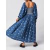 imageCHARTOU Women Summer Flowy Floral Dress Long Puff Sleeve Square Neck Boho Maxi Sundress Swing Smocked DressDark Blue