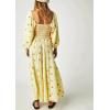 imageCHARTOU Women Summer Flowy Floral Dress Long Puff Sleeve Square Neck Boho Maxi Sundress Swing Smocked DressLight Yellow