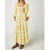 imageCHARTOU Women Summer Flowy Floral Dress Long Puff Sleeve Square Neck Boho Maxi Sundress Swing Smocked DressLight Yellow