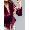 imageCHARTOU Women Velvet Shirt Tops Cute Bow Tie Front Puff Long Sleeve Blouse Ruffle Lapel Cut Out Fall OutfitsRed