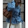 imageCHARTOU Womens Warp Jean Jacket Denim Belted Shirt Snap Button Zip Up Fashion Fall Tops with PocketsBlue