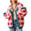 imageCHARTOU Women Checkered Chunky Knit Cardigan Sweater Oversized Balloon Long Sleeve Open Front Outwear CoatPink