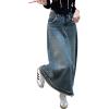 imageCHARTOU Women Distressed Long Denim Skirt Maxi Jean Skirt Frayed Hem Patchwork A Line Skirt SummerBlue